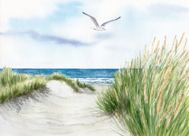 Poster DIN-A4 Aquarell Maritim Kunst Druck Kunstdruck Dänemark Nordsee Ostsee Dünen Meer Strand Sylt